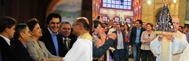 Vésperas das eleições de 2010: Padre Darci acolhe Dilma Rousseff, então Ministra da Casa Civil, a quem se referiu repetidas vezes em sua homilia.